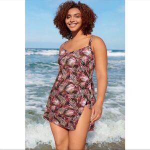 Lands End Womens Sweetheart Swim Dress Size 16 Palm One Piece Adjustable Straps